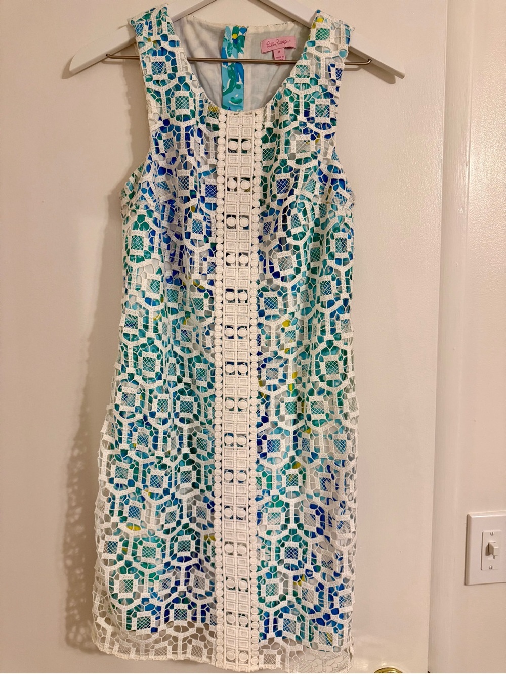 Lilly Pulitzer White Lace Overlay Shift Dress with Blue & Green Print